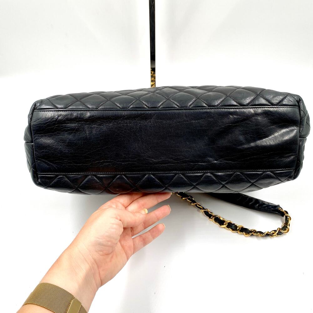 Chanel Vintage Quilted Tote Bag Black Leather Shoulder Shopper chain 24kt - Picture 5 of 15